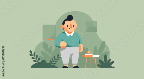 Cheerful person standing in a calm, green natural setting with stylized plants and minimalist decor