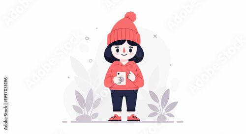 A cartoon girl in a beanie and hoodie holds a phone, surrounded by subtle abstract shapes and plants