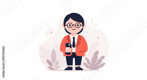Stylized illustration of a person in business attire, holding a smartphone