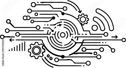 Abstract interconnected circuits with gears, signals, and data flow