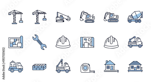 A set of blue and black line art icons depicting various construction elements like cranes, excavators, cement trucks, tools, and houses.