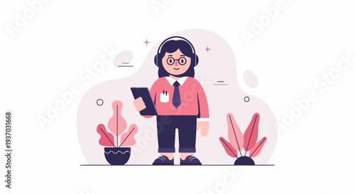 Person with headphones and tablet surrounded by abstract shapes and plants