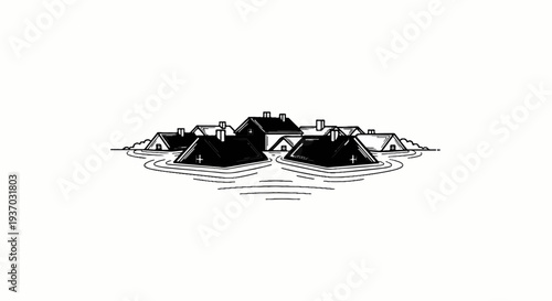 Black and white sketch of houses submerged in water