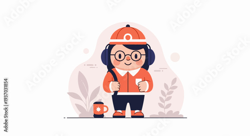 Cheerful character with cap, glasses, headphones, bag, and coffee cup