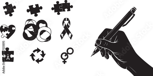 Hand holding pen with equality and puzzle symbols nearby