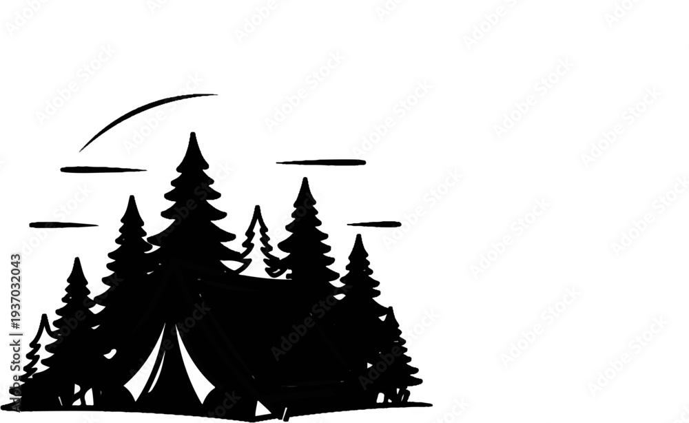 Fototapeta premium Silhouette of pine trees and a tent under a crescent moon and streaks