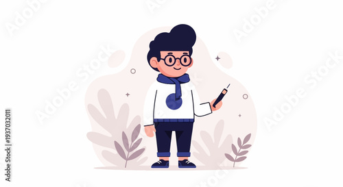 Cartoon character with glasses and scarf holding a stylus against a soft, organic background