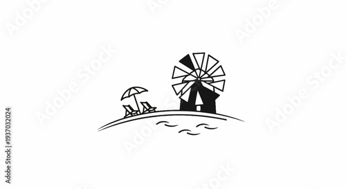 Silhouette of a windmill, umbrella, and chairs on a sandy shore