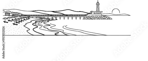 Line art of a seaside pier with umbrellas and lounge chairs on the beach