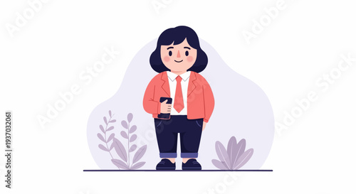 Cartoon character in business attire with a phone, amidst abstract foliage