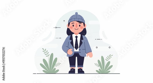 Person wearing hat, jacket, tie, and pants, with plants
