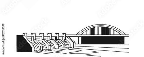 Line drawing of a dam with a bridge arching over it, water flows over