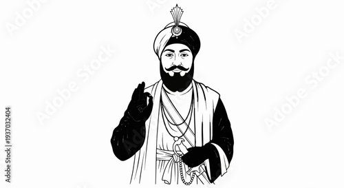Religious figure with turban, beard, and hand gesture