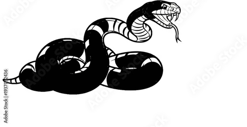 Striking black and white illustration of a coiled serpent with striking pose