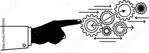 Hand touching gears, symbolizing connection, teamwork, and process