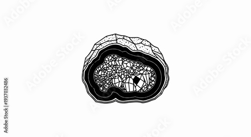 Detailed cross-section of a geode with crystalline interior and layered exterior