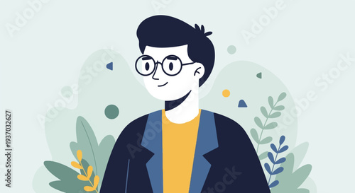 A smiling young man with glasses and dark hair wears a yellow shirt and blue jacket