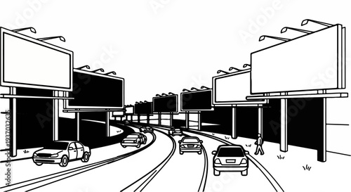 Roadside billboards loom over a highway with cars driving by