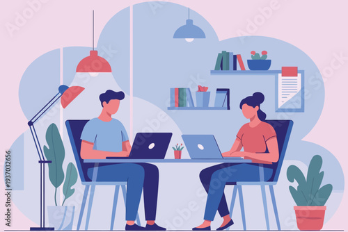 Two people working on laptops at a table in a modern office space