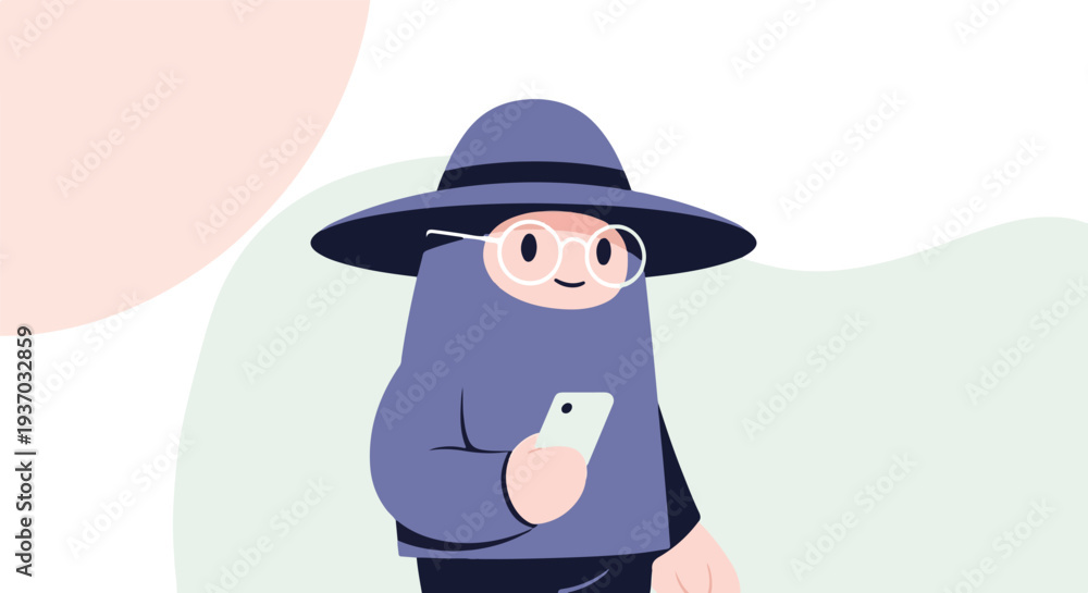 Fototapeta premium Whimsical cartoon character with round glasses and a hat, holding a smartphone