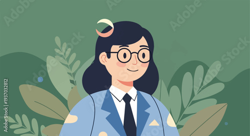 Flat vector illustration of a woman with glasses and a blue suit, set against a leafy background