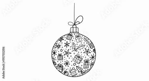 Hand-drawn holiday bauble with gifts, snowflakes, stars, and holly