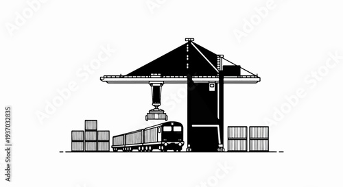 Large industrial crane loading cargo containers onto a train