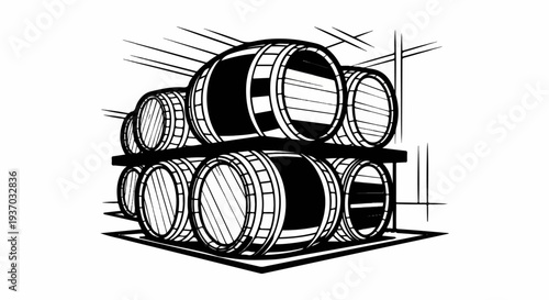 Stacked wooden barrels in a simple line art style