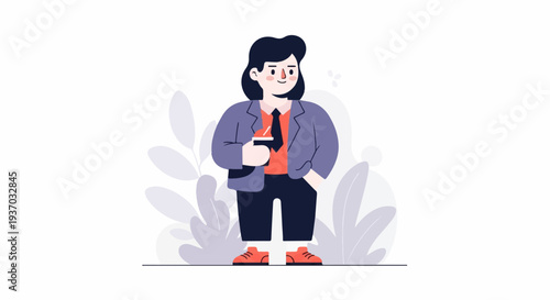 A person in professional attire holds a beverage, standing amidst decorative plants