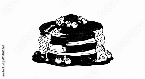 Stack of pancakes with blueberries and syrup, in a bold black and white drawing