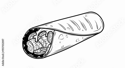 Hand-drawn illustration of a tightly wrapped, savory food item with visible filling