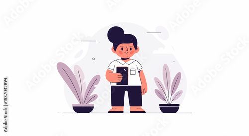 A child holding a tablet stands between two potted plants under a pale sky