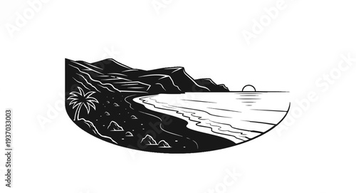 Stylized black and white drawing of a tropical beach with mountains and a sunset