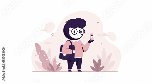 A person in glasses holding a phone, carrying a bag, amidst stylized plants and clouds