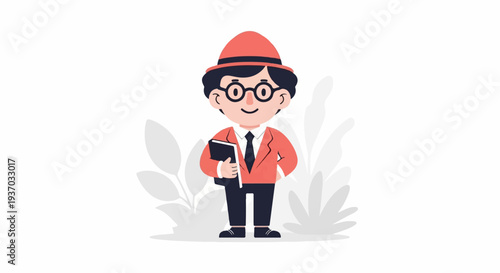 Cheerful cartoon character in a red suit, hat, and glasses, holding a book