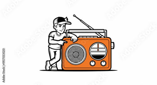 Cartoon boy with baseball cap leans on a vintage orange radio, pointing