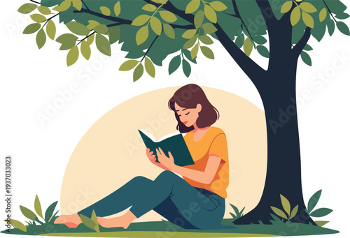 donna che legge un libro romanzo giallo sotto albero in campagna aperta sulla terra erba terreno vettoriale