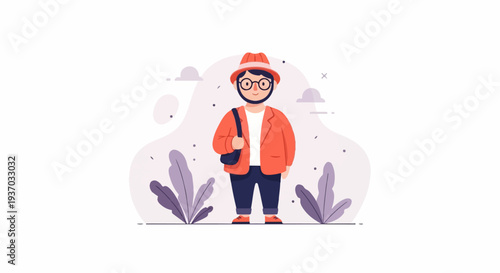 A cheerful person in a hat and jacket, carrying a bag amidst plants and clouds