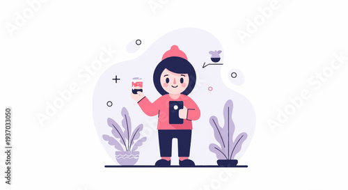 A stylized figure in a beanie and sweater holds a beverage, looking at a tablet