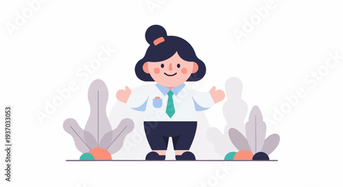 Cheerful, stylized character in a shirt and tie, surrounded by abstract foliage