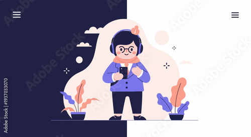A person in headphones and a suit holds a phone, surrounded by plants and abstract shapes