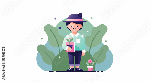 A person holds a potted plant, surrounded by large green leaves