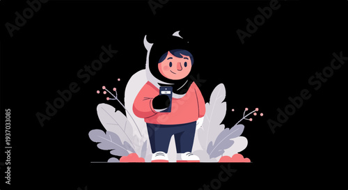 Cartoon of a person in a hijab holding a smartphone surrounded by plants