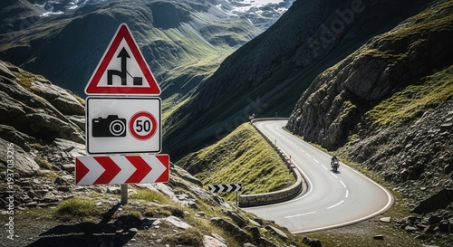Mountain Road With Motorcycle and Signs, Roadside Photography, Travel Destination