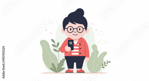 Stylized person in glasses holding a smartphone amidst lush foliage