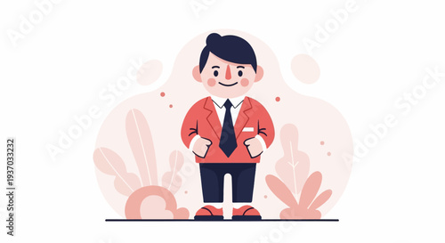 A cheerful cartoon man in a red suit and tie stands against a backdrop of abstract pink plants