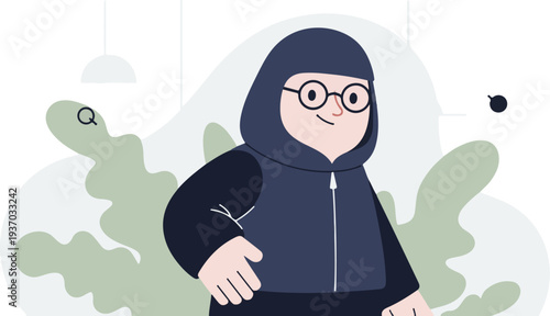 A stylized illustration of a person with glasses and a hood, standing among abstract green shapes and a ceiling lamp