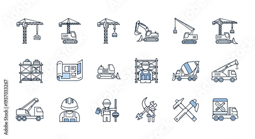 A comprehensive vector illustration set featuring various construction machinery, essential tools, worker attire, and building plans for industrial development.