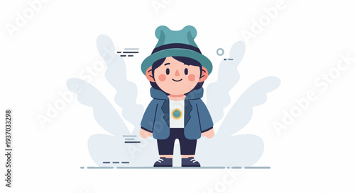 A stylized illustration of a person wearing a blue jacket and a teal hat
