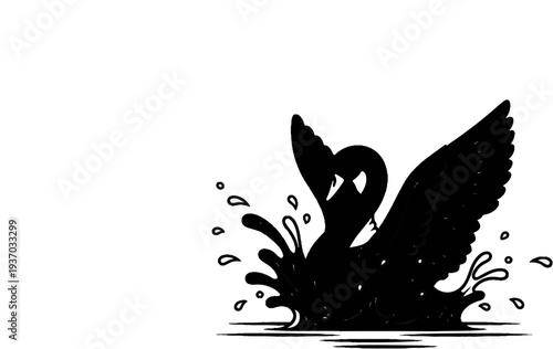 Stylized black swan with wings spread, splashing in water
